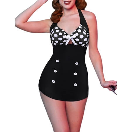 EKOUAER Womens One Piece Swimsuits Vintage Striped Skirt Bathing Suit Vintage Retro Push Up Swimwear