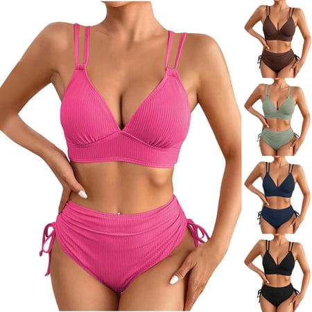 UTSJKR Women’s Bikini Sets Two Piece Swimsuit V Neck High Waisted Ruched Tummy Control 2025 Summer Bathing Suit Ribbed Bras with Side Strap Thong Bottoms Black S