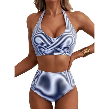 Eytino Women’s High Waisted Bikini Sets Vintage Striped Halter Swimsuit Summer Beach Bathing Suit with Patch Pocket, Blue, XL