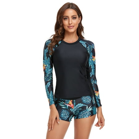 Women Long Sleeve UV Sun UPF 50+ RashGuard Top Two Piece Surfing Diving Swimsuit -2XL