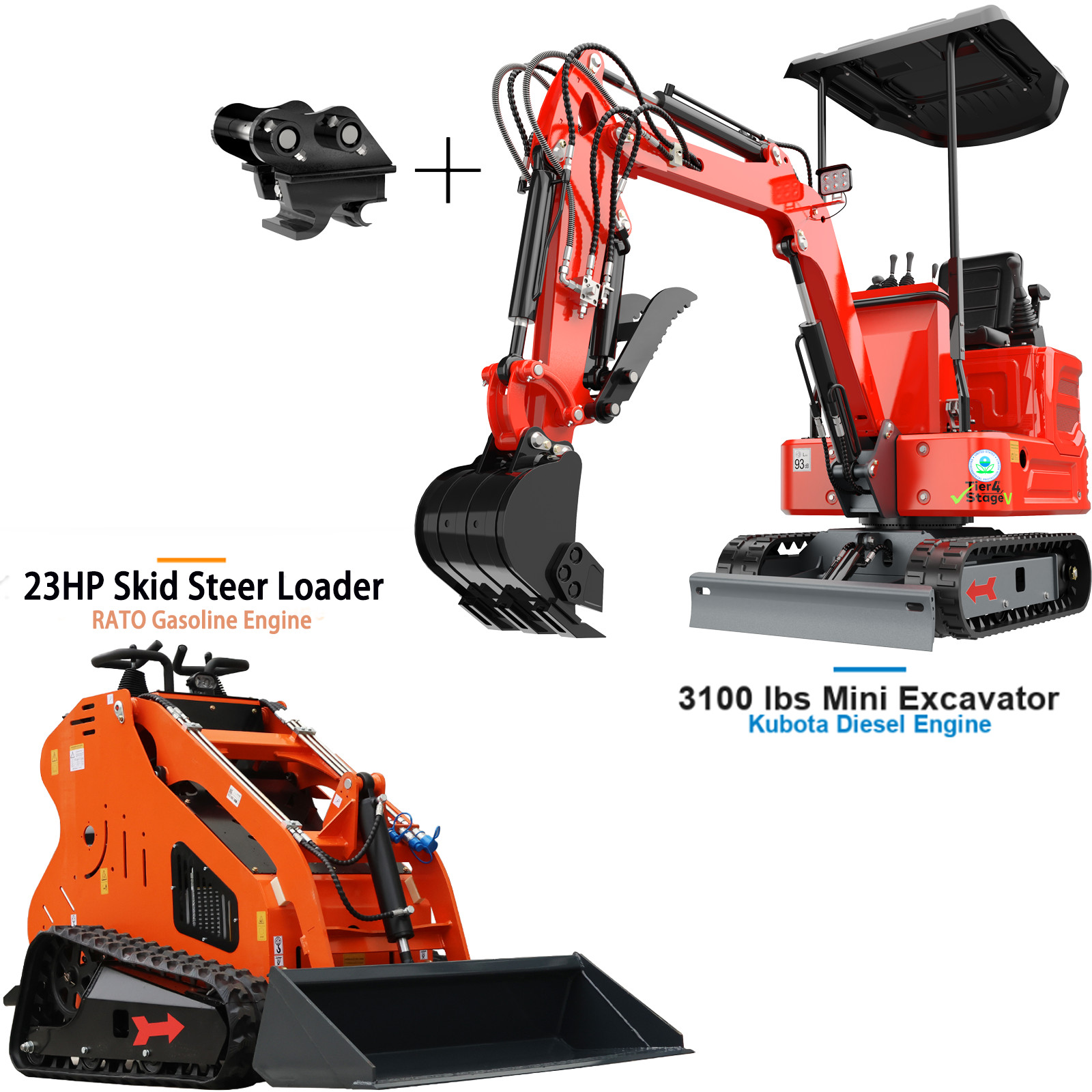 3000lb Ton Mini Excavator Kubota Diesel Engine With 23 HP Mini Skid Steer Loader