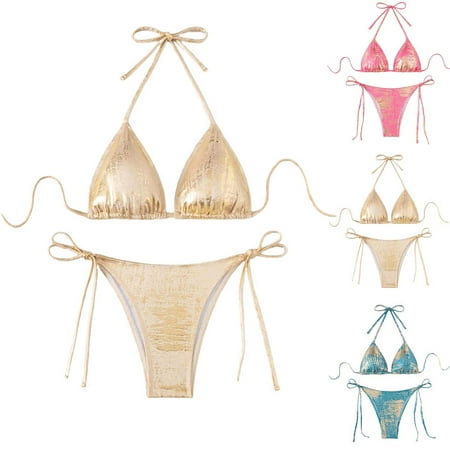 Sakmal Halter Bikini Btahing Suits Women Push Up Swimwear Blue Vacation Solid Womens Swimsuits L
