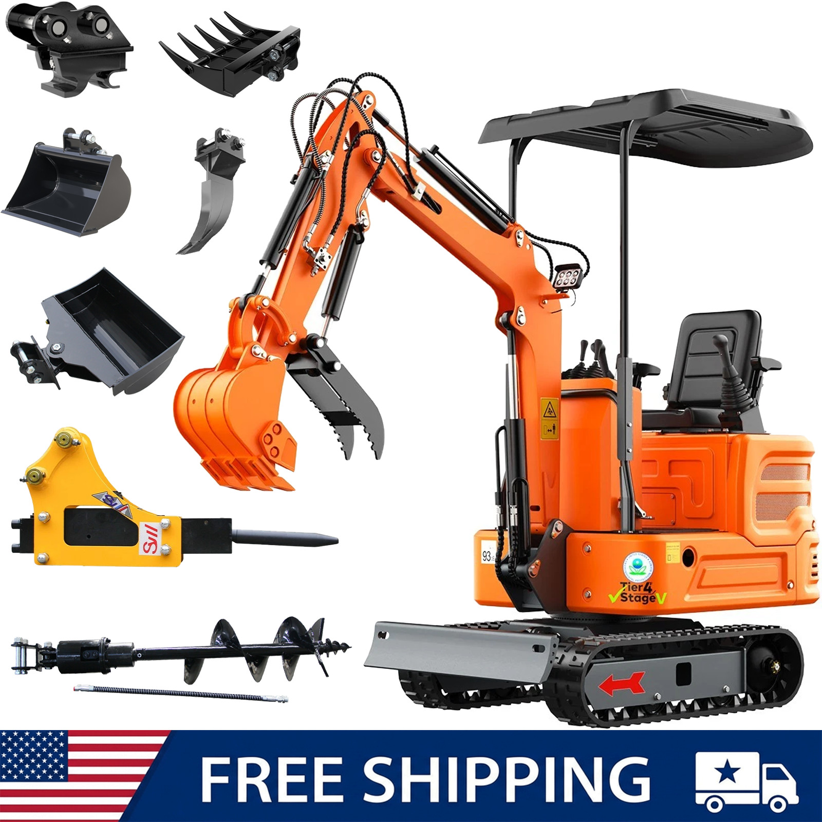 FREE SHIP 1 Ton Mini Excavator B&S 13.5HP  Hydraulic Thumb With 7 Attachments