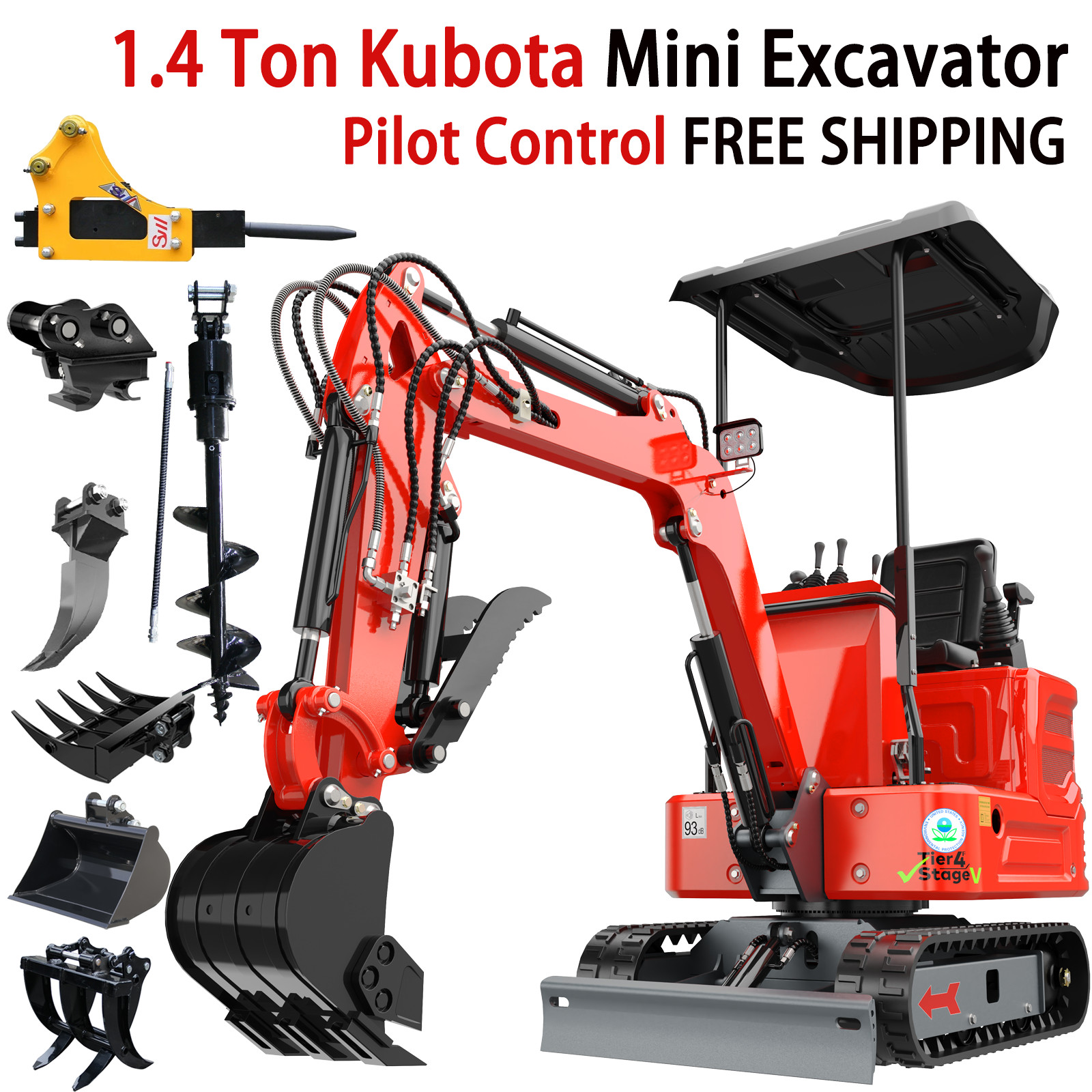 Free Ship 1.4 Ton Mini Excavator Kubota Engine Hydraulic Thumb & 7Attachments