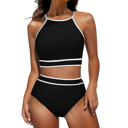 Bathing Suit for Women 2 Piece High Neck Halter Top Color Block Sporty Swimsuits High Waisted Summer Swimwear