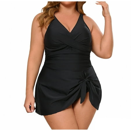 asdoklhq Summer Plus Size Swimsuit for Bathing Suits Tankinis Summer Women Solid with Chest Pad Underwire Bikini Sports Split Swimsuit Black 4X