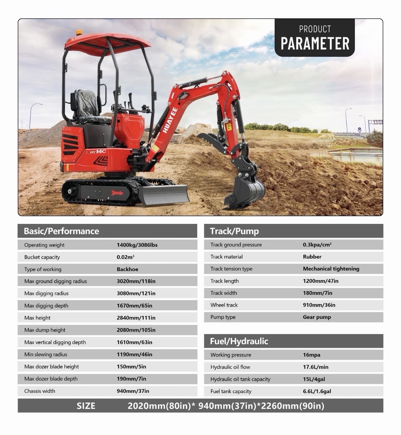 HUAYEE HY14C Mini Excavator 13.5hp 1.4Ton Gas B&S EPA Engine USA Dealer Support