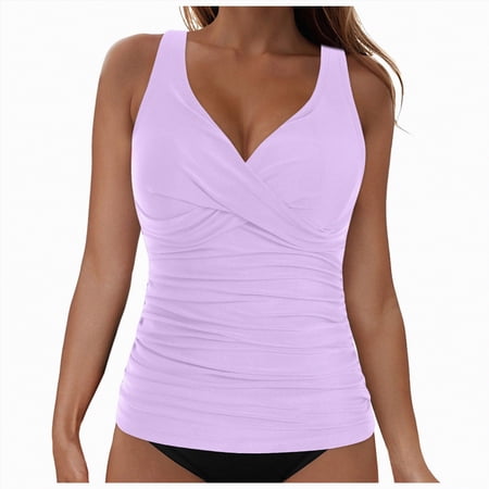 HCNTES Tankini Swimsuits for Women Two Piece Tummy Control Bathing Suit Slimming Modest Swimwear(Light Purple,XXL)