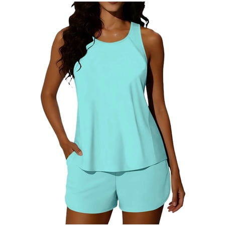 asdoklhq Womens Bathing Suits Tankini Tops for Women Loose Fit Women Solid Color Backless Strap Bikini Swimsuit Bikini Color Blocking Off-Shoulder Set Tanjini Light Blue 2X