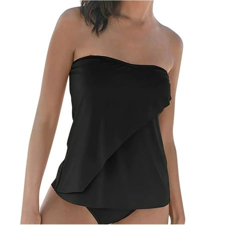 Ecqkame Womens Two Piece Bathing Suits Bandeau Tankini Top Flyaway Swimsuit with Bottoms Tummy Control Swimwear Black XL