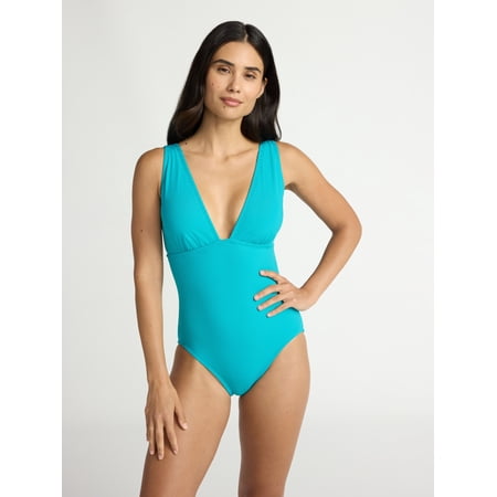 Time and Tru Women’s Ribbed Plunge One Piece Swimsuit, Sizes XS-2X