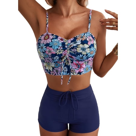 SHEWIN Bikinis for Women 2 Piece Adjustable Spaghetti Straps Floral Print Swimsuit Tops High Waisted Bikini Bottoms Summer Drawstring Bathing Suits