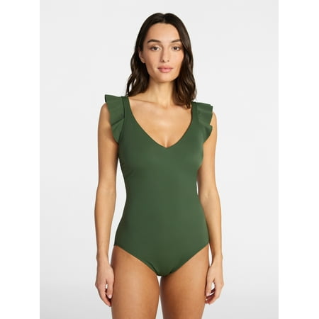 Time and Tru Women’s and Women’s Plus Size Ruffle Strap One Piece Swimsuit, Sizes XS-3X