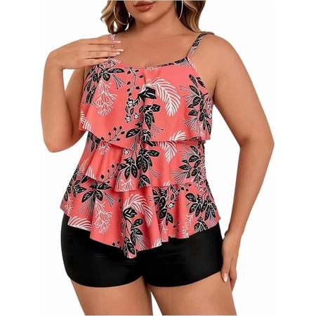 Plus Size Tankini Swimsuits for Women Tummy Control 2 Piece Bathing Suit Ruffle Flounce Swim Top with Boyshorts Modest Floral Swimwear