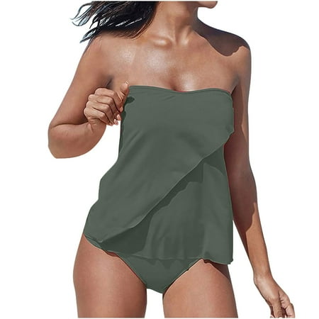 asdoklhq Bikinis Sets for Women Bathing Suit Tube Tops Women’s Two Piece Set Swimsuits Solid Swimwear Beachwear Army Green 3X