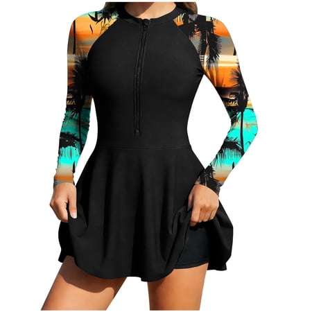 FAWUUDO Women’s Tank Top Swimsuits Sets Long-Sleeved Printed Sports Swim Trunks Pocket Summer Beachwear