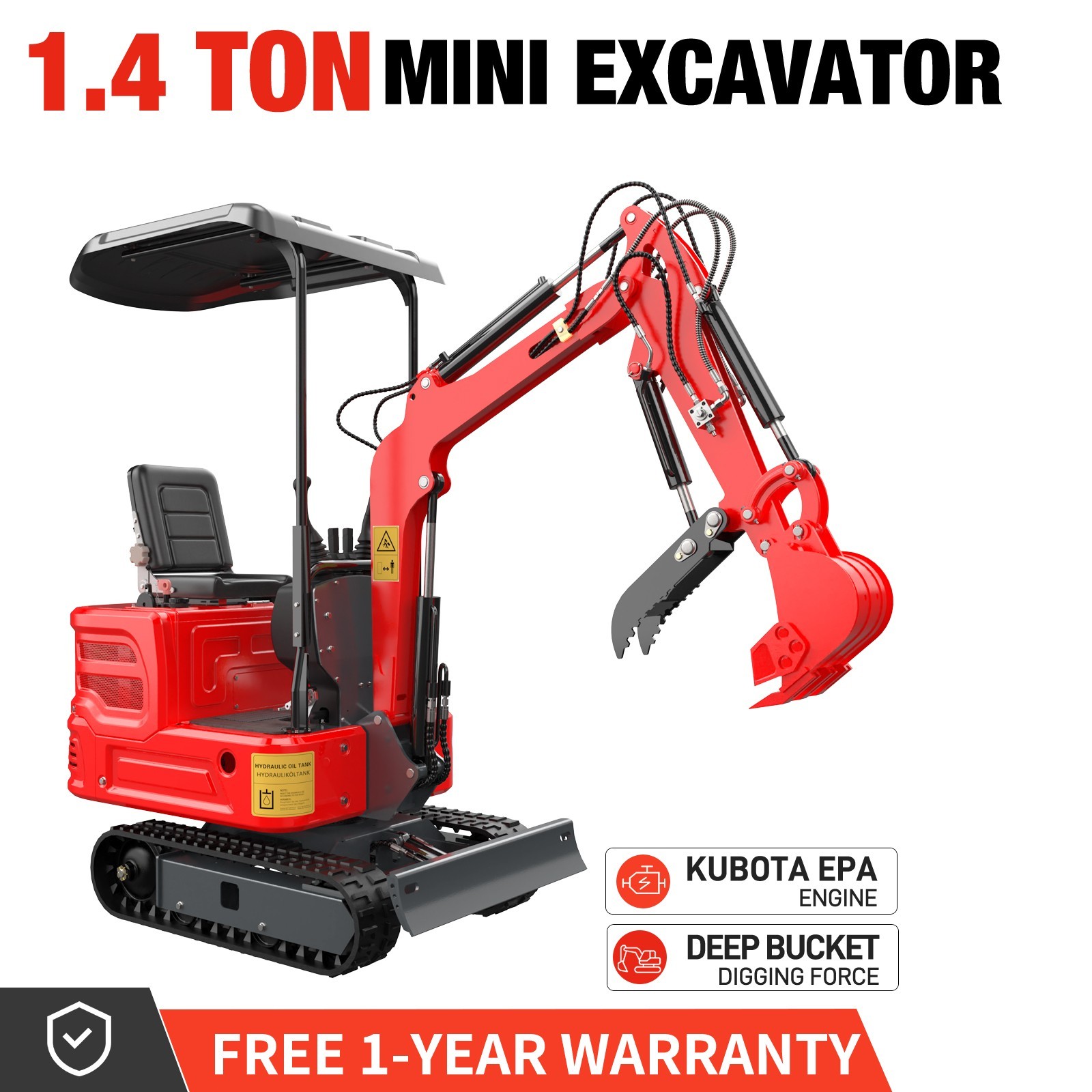 1.4 Ton Mini Excavator Kubota Engine Pilot System Water-Cooled Diesel Digging