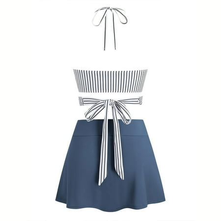 CLOISE Swimsuits for Women 2 Piece Bikini with Skirt High Waisted Built in Bra Full Coverage Halter Neck Bathing Suit Crossed Straps Solid Swimwear Ruffle Beachwear