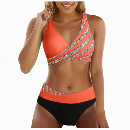 HCNTES Women’s Seashell Textured Bikini Sets Knotted Front 2 Piece Swimsuits Ruffle Trim Bathing Suits(Orange,XXL)