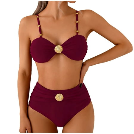 MGDXOX Women’s 2 Piece Bikini Sets Seashell Ring Swimsuit High Waisted Cutout Beach Summer Swim Bathing Suits Wine L