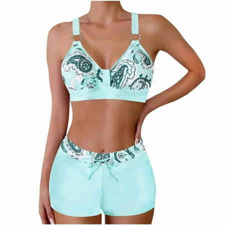 Fewfanhot Women’s Plus Size Tropical Print Halter Bikini Top, Ring Strap Padded Bra, Drawstring High Waist Tummy Control Swim Shorts, Two Piece Floral Swimsuit Set