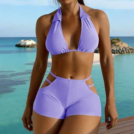 High Waisted Bikini Sets for Women 2 Piece Summer Halter V-Neck String Shorts Swimwear for Beach Holiday Vacation