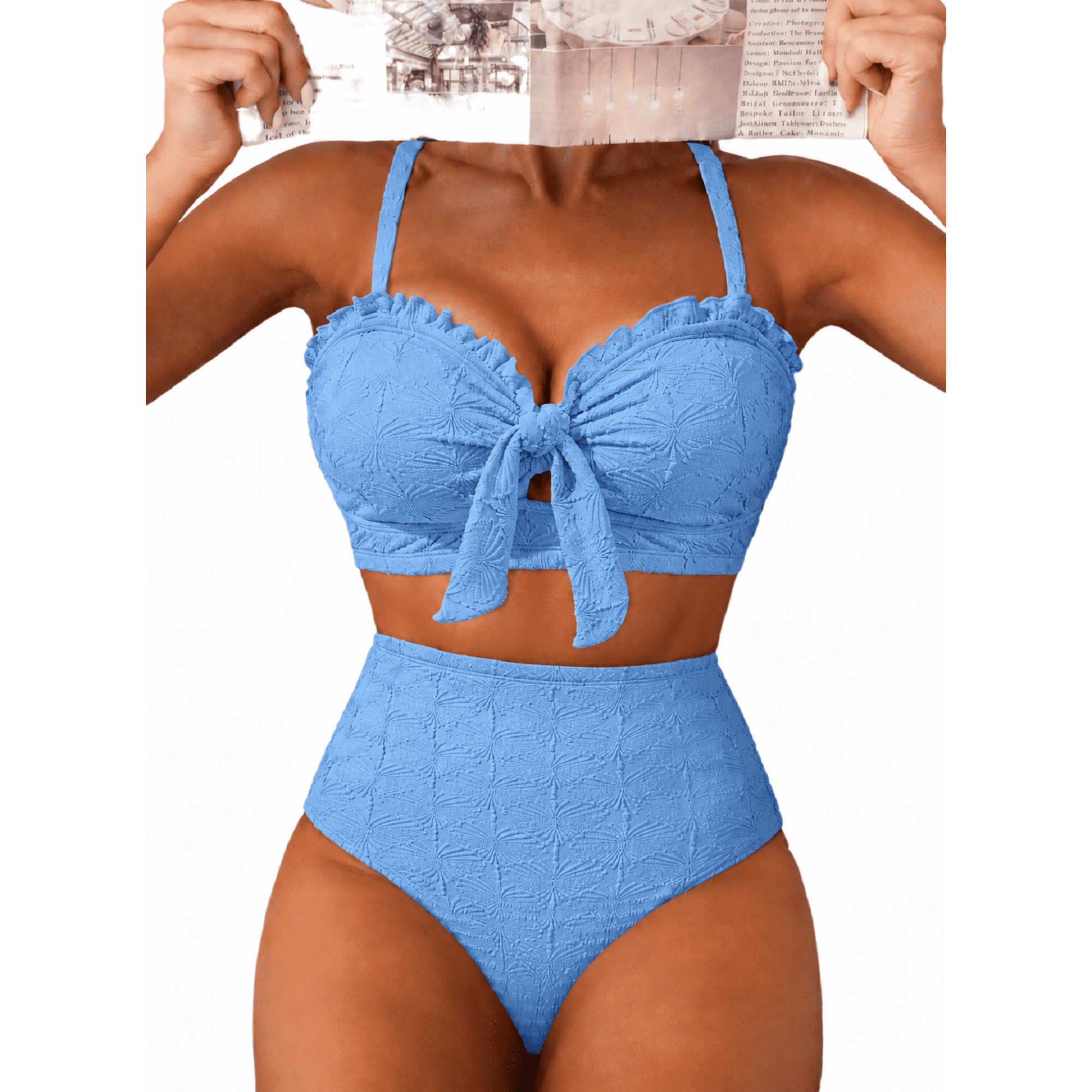 DOKOTOO Women Swimsuit High Waisted Bikini Sets Tummy Control Swim Suits Textured Two Piece Bathing Suit Bow Front Swimwear Beachwear Summer Vacation S-2XL