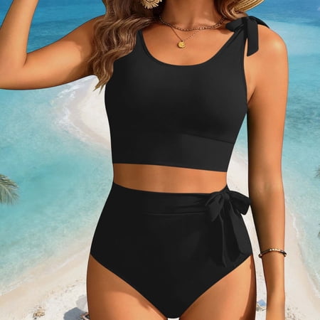 FDGIU Women’s 2 Piece Tie Shoulder Bikini Swimsuit, Scoop Neck Crop Swim Top with High Waisted Bow Bottom, Solid Black Tummy Control Bathing Suit for Beach Pool