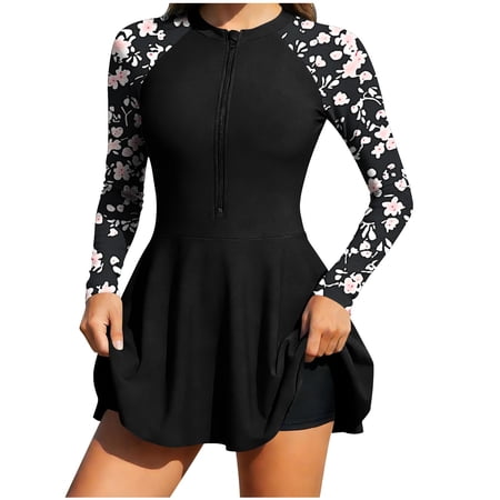 successthop Womens Tankini Swimsuits 2 Piece with Skirt Half Zip Bathing Suit Padded Surfing Long Sleeve Swimwear Black