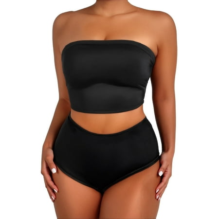 Women’s Strapless Tube Top Bikini Set – Sleeveless Crop Tank & High Waisted Bottom, Tummy Control Two Piece Swimwear for Beach & Pool