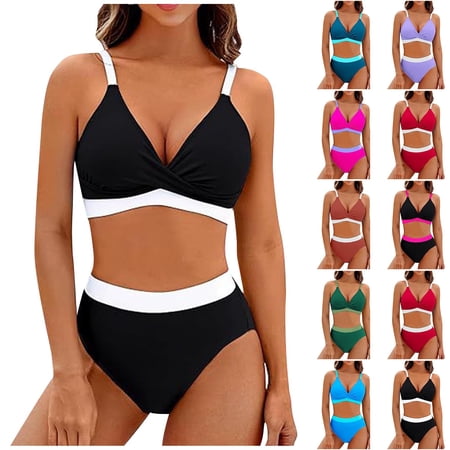 ZVAVZ High Waisted Bikini Sets for Women Two Piece Trendy Swimsuits Cheeky Color Block Twist V Neck Bathing Suit Tummy Control Push Up Swimwear Clearance,Hot Pink S