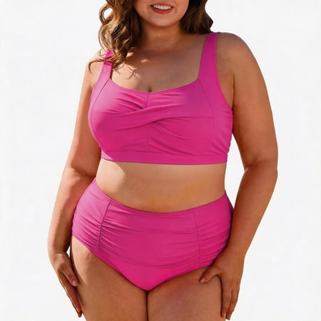 Zando PLus Size Bikini Sets for Women Tummy Control High Waisted Women’s Bankini Swimsuits 2 Pieces Swimsuits for Big Busted Women with Ruched Hot Pink L