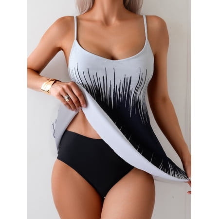 Kaperf Women’s Two Piece Tankini Swimsuit, Black and White Gradient Print Swim Top, High Waisted Tummy Control Bathing Suit for Swimming Beach Vacation