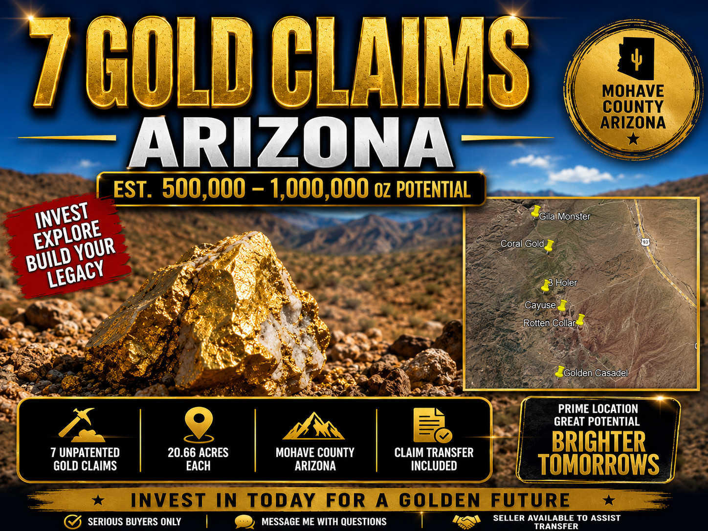 GOLD MINING CLAIMS ARIZONA, 145 ACRES, 7 LODE CLAIMS, PROVEN DISTRICT INVESTMENT