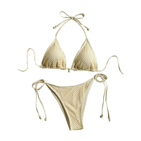 UTSJKR Womens Bikini Swimsuits Multiway Fishnet Tie Side Bandeau Halter String Bikini Set Two Piece Swimsuit Bathing Suits Beige L
