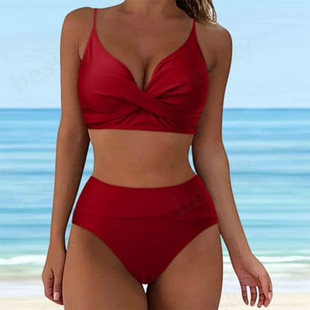 Patlollav Womens Bikini Sets Two Piece Swimsuit Solid Push-Up Twist Front Adjustable Spaghetti Straps Bathing Suit Wine