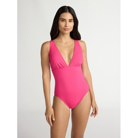Time and Tru Women’s Ribbed Plunge One Piece Swimsuit, Sizes XS-2X