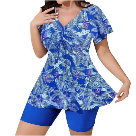Fewfanhot Plus Size Women’s Floral Print V-Neck Swimsuit Top, Short Sleeve Tankini Dress with Ruffle Hem, Tummy Control Bathing Swimsuit Crop Top,L-4XL