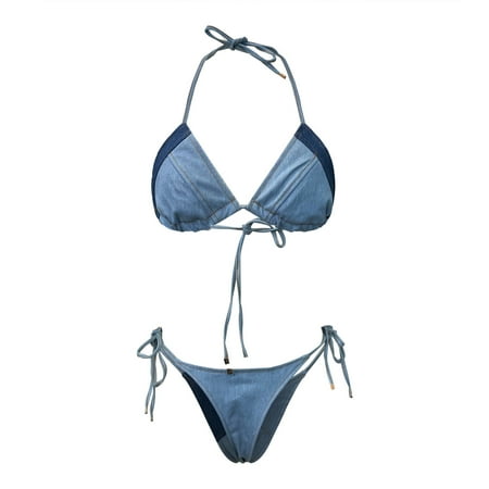Women’s Denim Two Piece Bikini Set Trendy Hollow out High Waist Swimsuit Padded Triangle Push Up Swimwear Backless Bathing Suit Beachwear Blue M