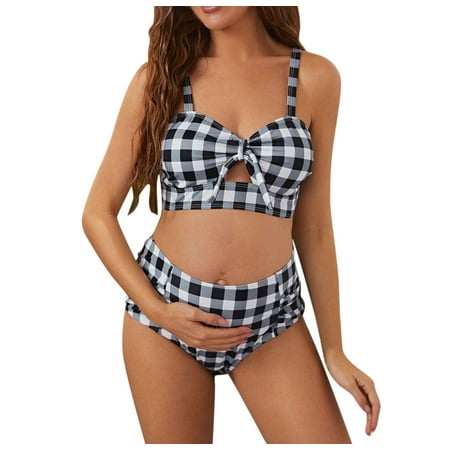 MuXiKeJi Clothes Maternity Bikini Swimsuit Two Piece High Waisted Bathing Suit Bow Tie Back Pregnancy Swimwear