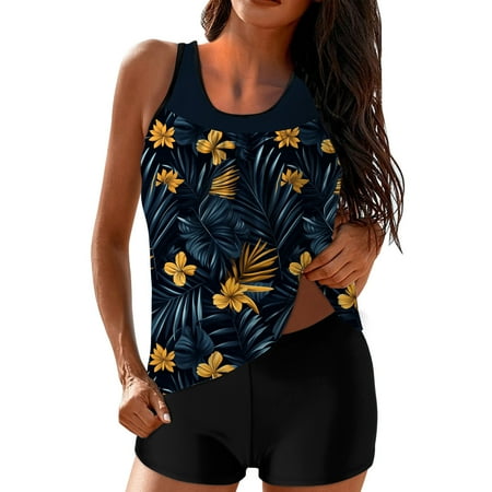 Erwazi Modest Tankini Swimsuits for Women Tummy Control Bathing Suit 2 Piece Swim Tank Top and Shorts Swimwear Set