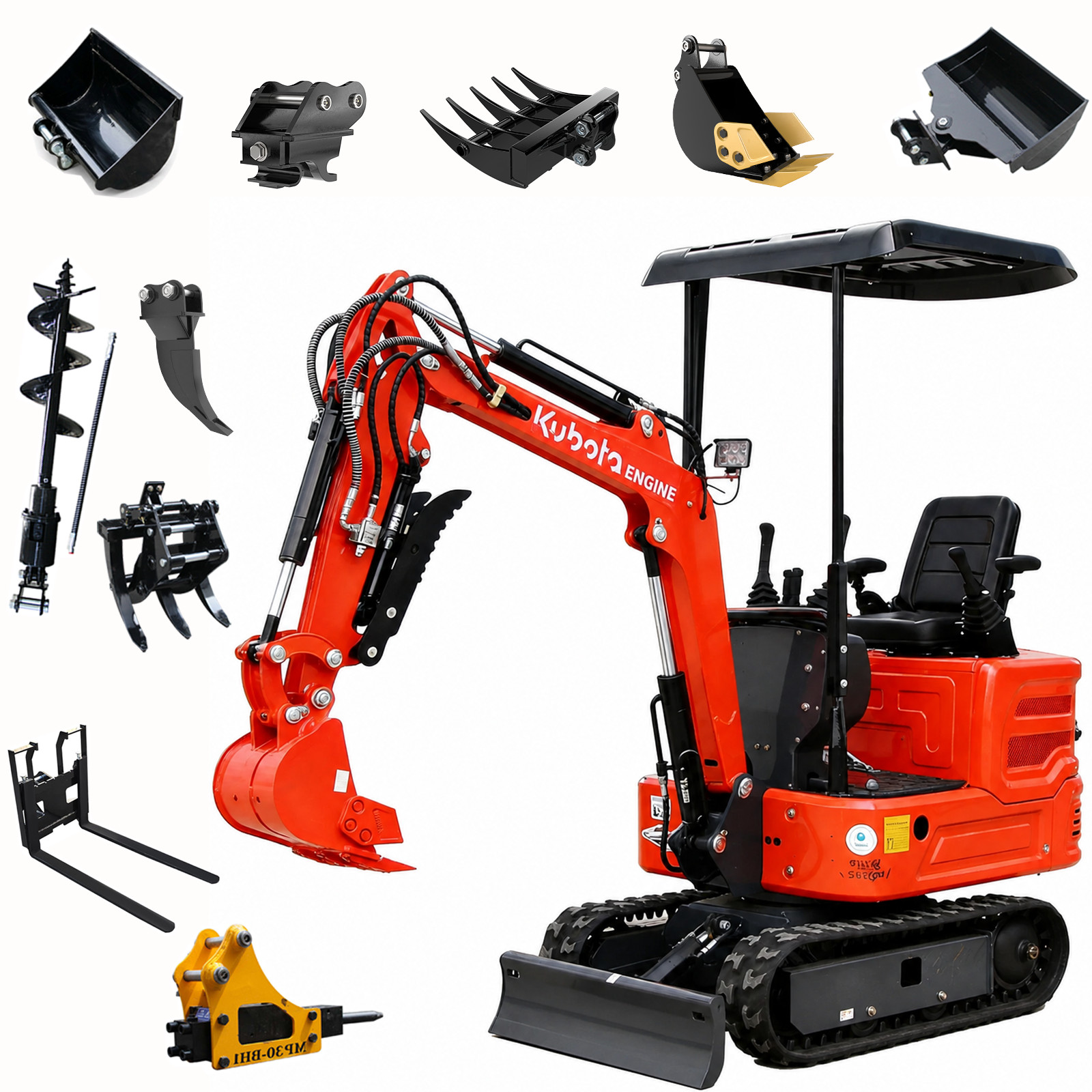 1.4Ton Mini Excavator Kubota 2-Cyl Diesel EPA Digger w/12 Attachments