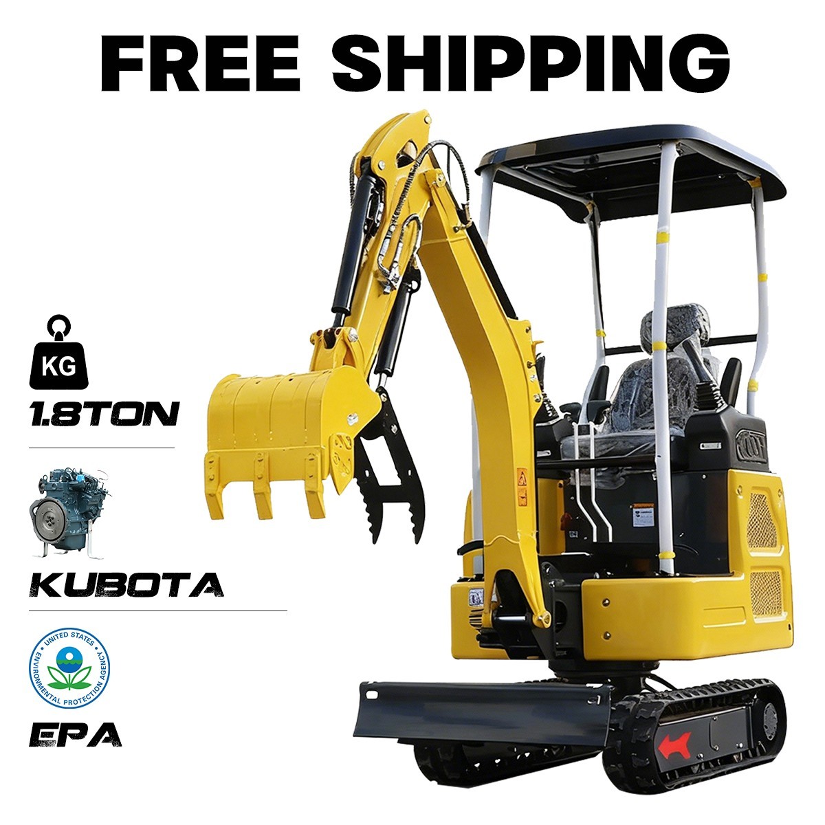 NEW 1.8 Ton Mini Excavator KUBOTA Diesel Side swing Pilot Control Expand Track