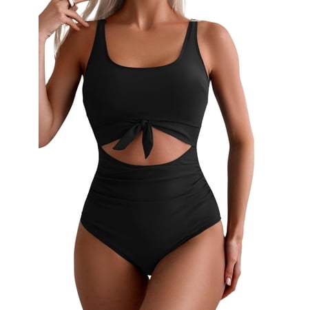 SOMER Women’s One Piece Swimsuit Tummy Control Cutout Tie Knot Swimwear High Waisted Bathing Suit Black XL