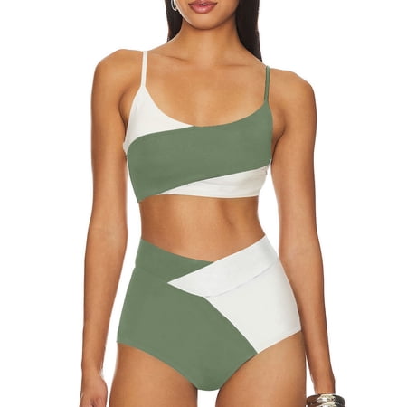 SHEWIN Bathing Suits for Womens Bikini Set 2 Piece High Waisted Swimsuit Color Block Spaghetti Straps Swimwear Summer Beach Outfits