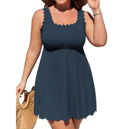 Asoul Womens Plus Size Scalloped Ribbed Swim Dress Full Coverage Tummy Control One Piece Swimsuits Flowy Bathing Suits