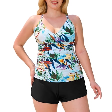 RELLECIGA Women’s Twist Front Ruched Tankini Bathing Suits Vintage Two Piece V-Neck Tummy Control Swimsuits