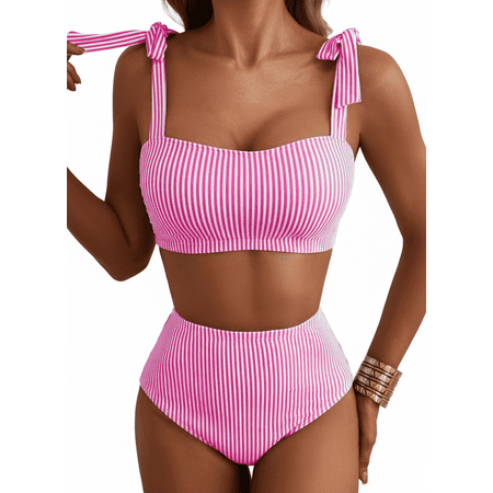 SHEWIN Bikinis for Women 2 Piece Striped Adjustable Tie Shoulder Swimsuits High Waisted Quick Dry Soft Bathing Suits Slimming Beach Swimwear