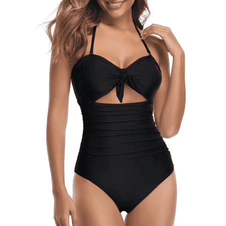 SOMER Women’s One Piece Swimsuits Tummy Control Cutout High Waisted Halter Front Tie Knot Bathing Suit Black