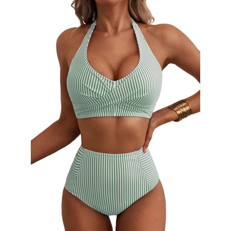 Eytino Swimsuits for Women High Waisted 2 Piece Bikini Set Striped Vintage Halter Bathing Suit with Patch Pocket, Green, 2XL